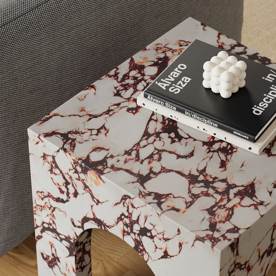 Esme Square Indoor - Outdoor Patio Arched Concrete Side Table in Red Marble