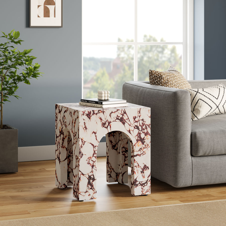 Esme Square Indoor - Outdoor Patio Arched Concrete Side Table in Red Marble