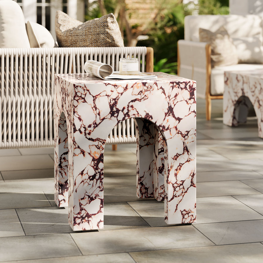 Esme Square Indoor - Outdoor Patio Arched Concrete Side Table in Red Marble