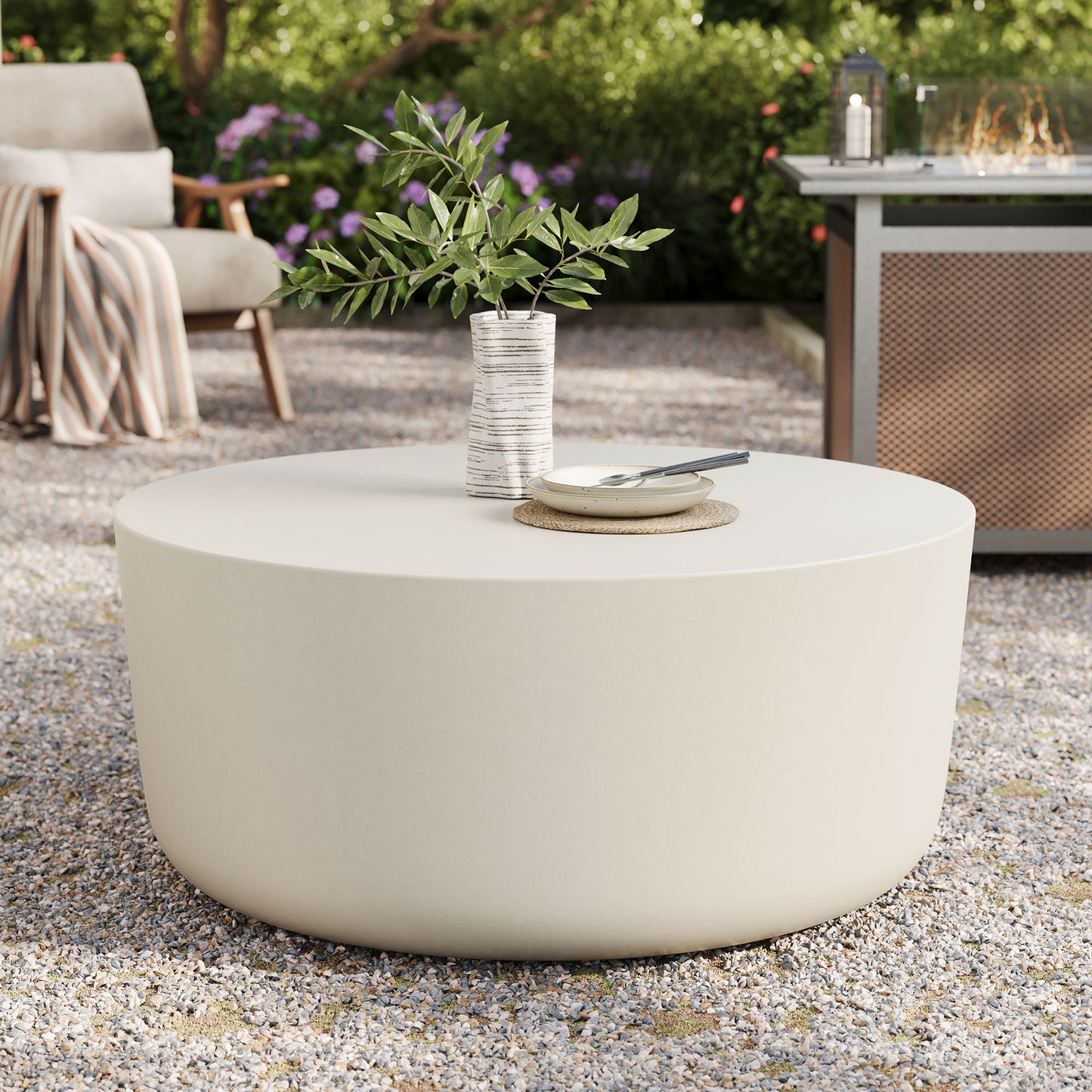 Portico Round Indoor - Outdoor Patio Concrete Coffee Table in White