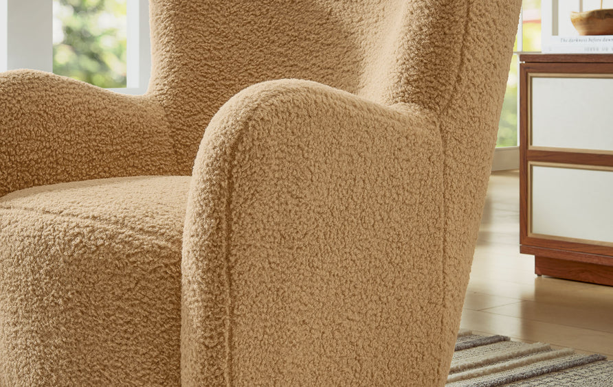 Pedraza Wingback Sherpa Swivel Accent Chair in Camel Walnut