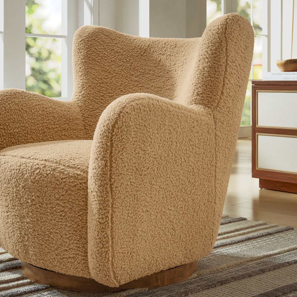Montrose Wingback Sherpa Swivel Accent Chair in Camel Walnut