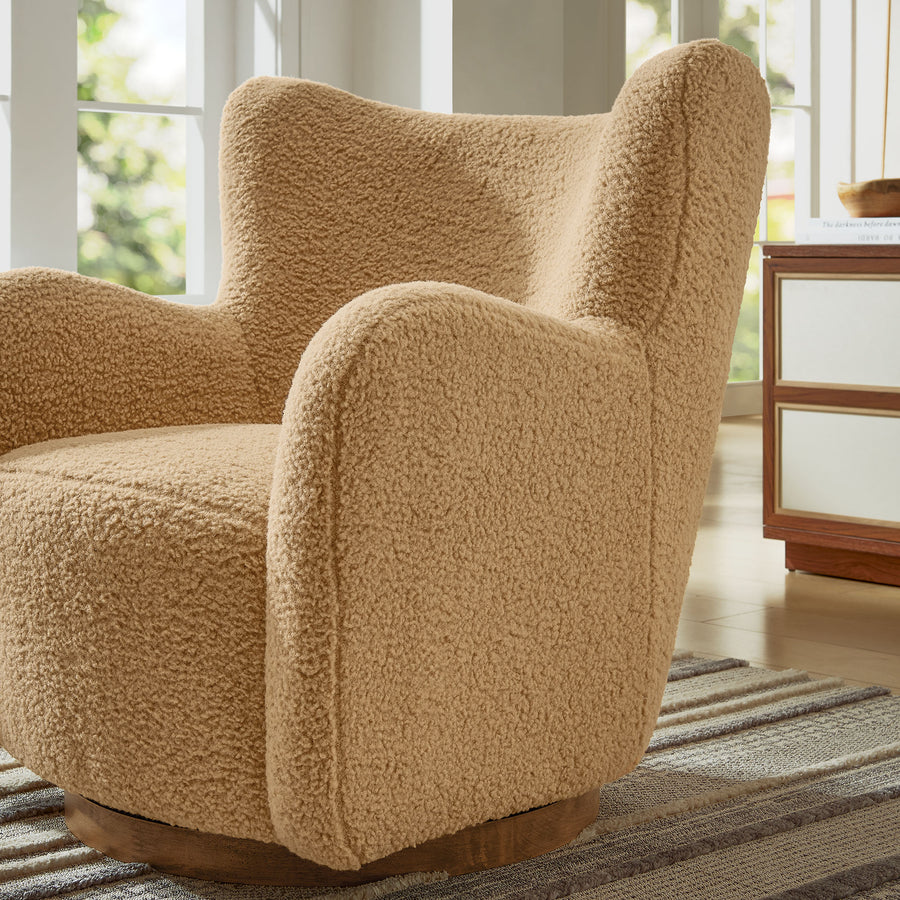 Pedraza Wingback Sherpa Swivel Accent Chair in Camel Walnut