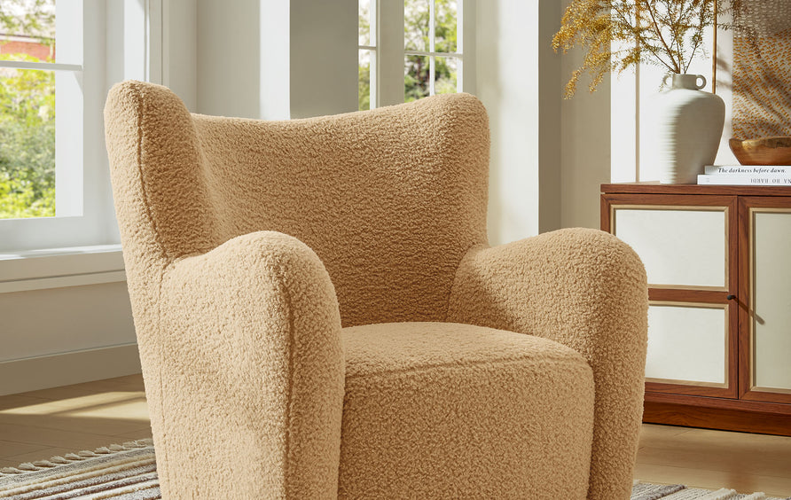 Pedraza Wingback Sherpa Swivel Accent Chair in Camel Walnut