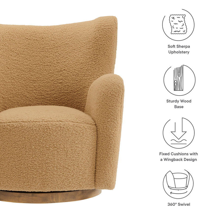 Pedraza Wingback Sherpa Swivel Accent Chair in Camel Walnut