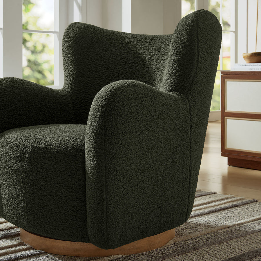 Pedraza Wingback Sherpa Swivel Accent Chair in Fern Walnut
