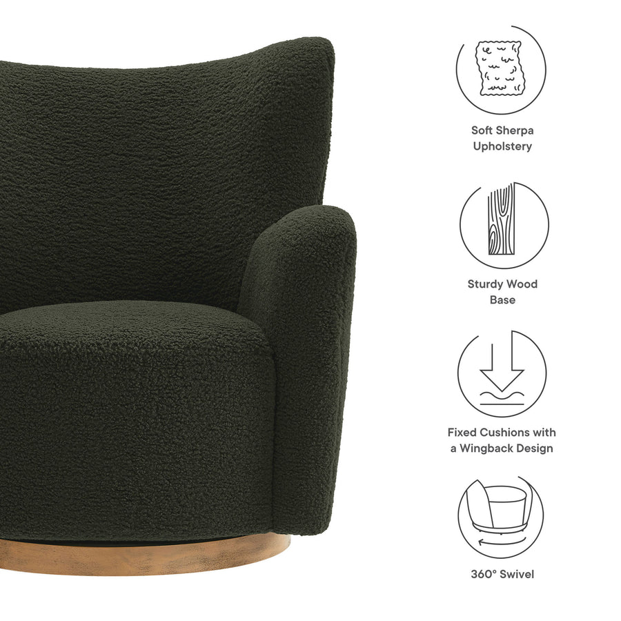 Pedraza Wingback Sherpa Swivel Accent Chair in Fern Walnut