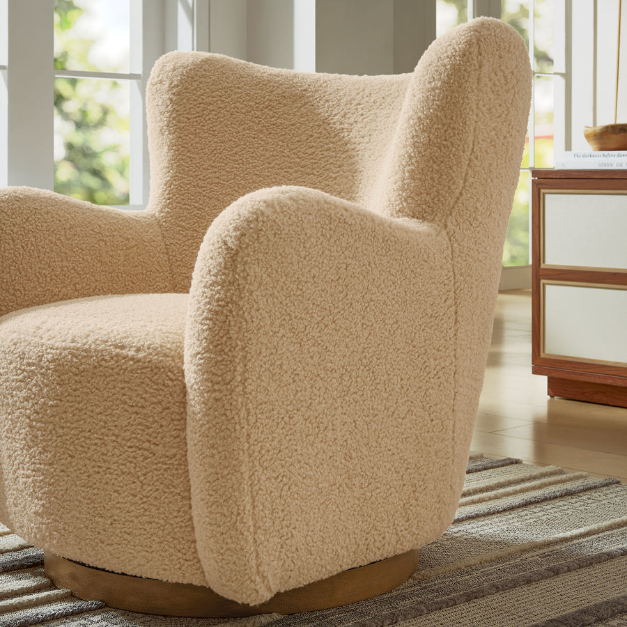 Pedraza Wingback Sherpa Swivel Accent Chair in Ivory Walnut