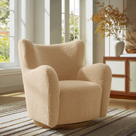 Montrose Wingback Sherpa Swivel Accent Chair in Ivory Walnut