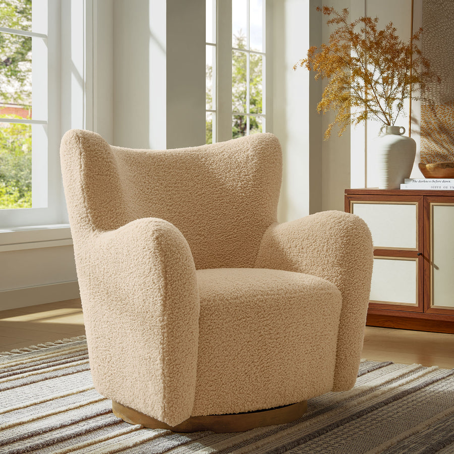 Pedraza Wingback Sherpa Swivel Accent Chair in Ivory Walnut