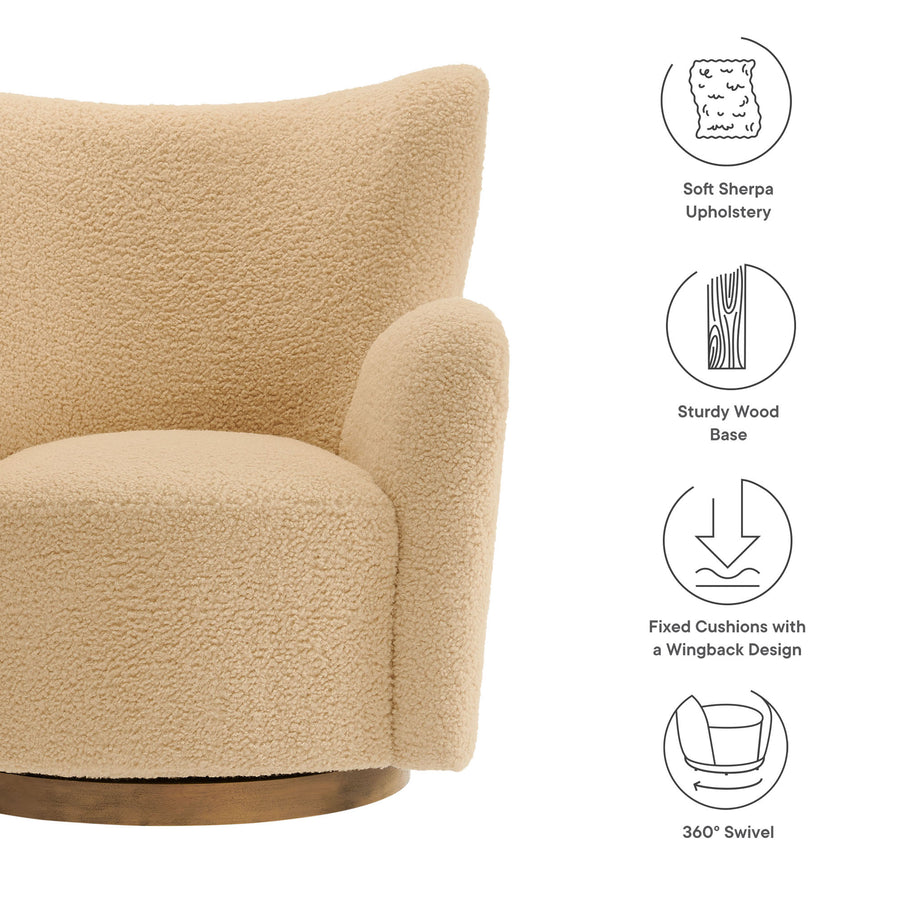 Pedraza Wingback Sherpa Swivel Accent Chair in Ivory Walnut