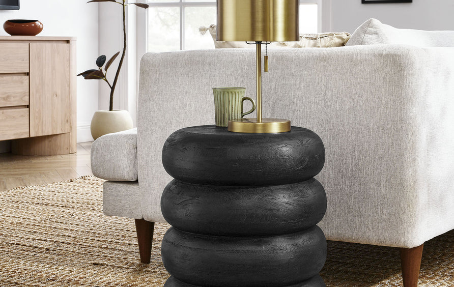 Primrose Round Stacked Wood Side Table in Wirebrush Black