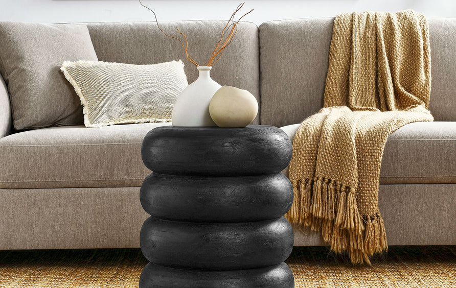 Primrose Round Stacked Wood Side Table in Wirebrush Black
