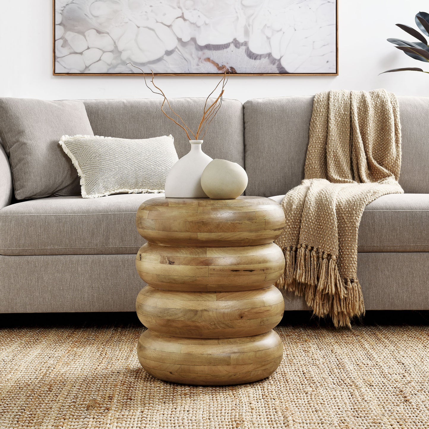 Ellery Round Stacked Wood Side Table by Furniture For America
