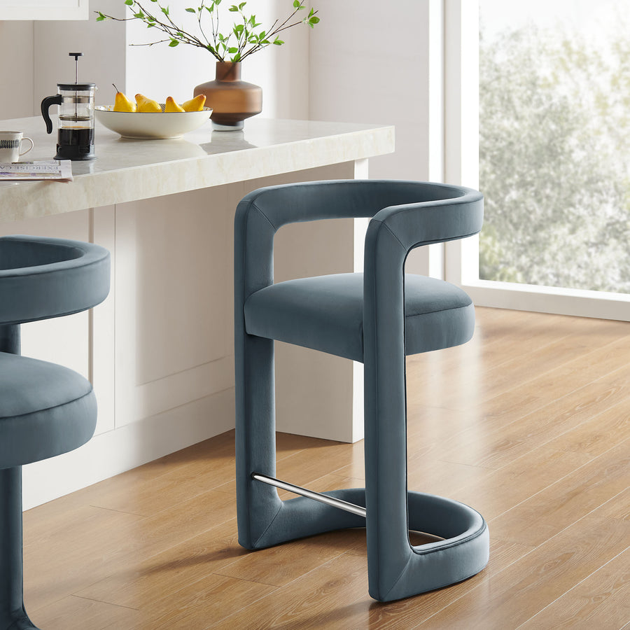 Sepia Performance Velvet Counter Stool in Cadet Blue