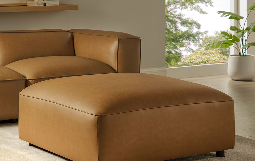 Dune Upholstered Vegan Leather Ottoman in Camel