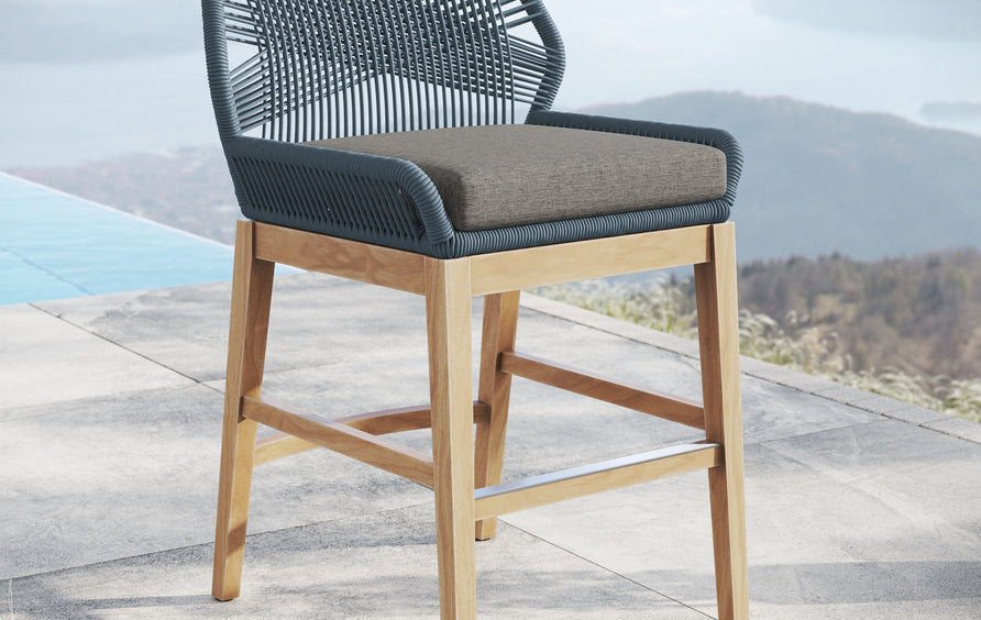 Camden Outdoor Patio Teak and Rope Counter Stool in Blue Graphite