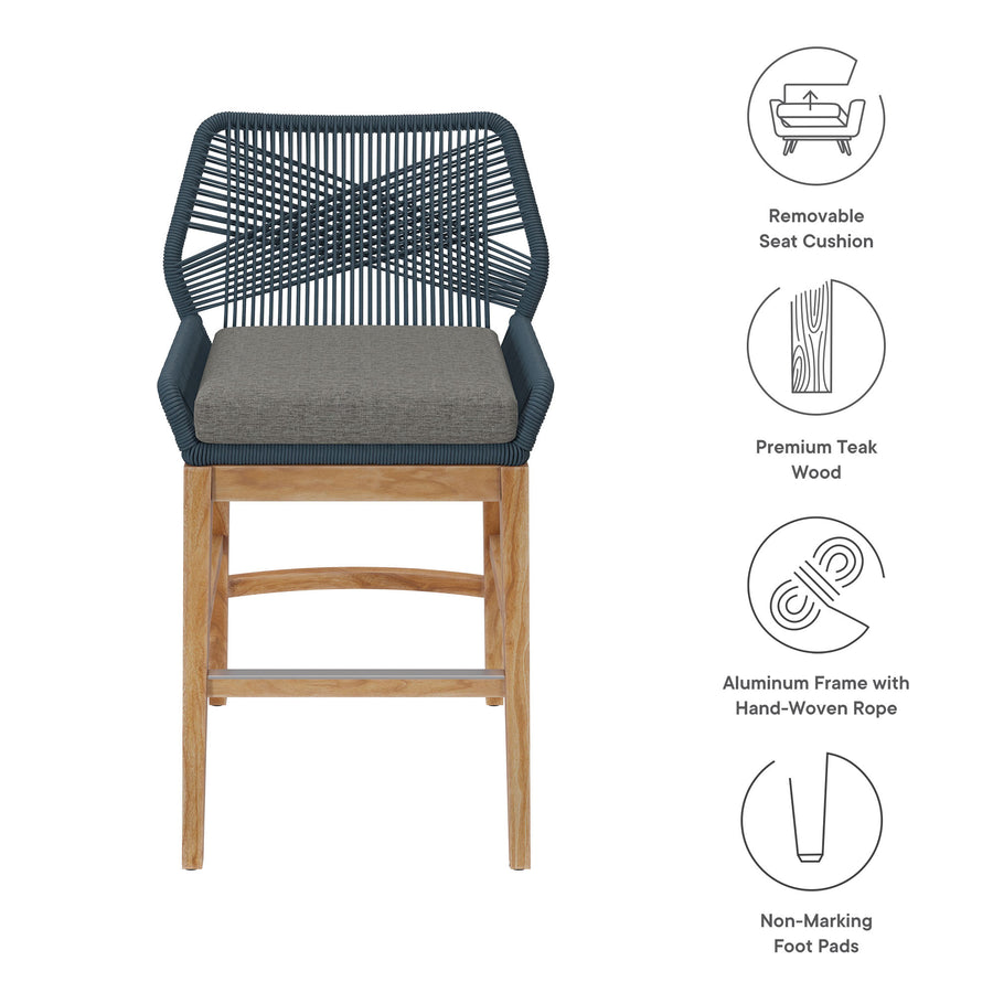 Camden Outdoor Patio Teak and Rope Counter Stool in Blue Graphite