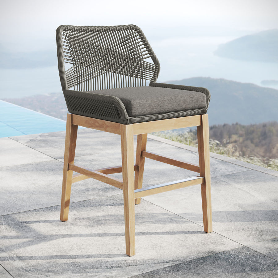Camden Outdoor Patio Teak and Rope Counter Stool in Gray Graphite