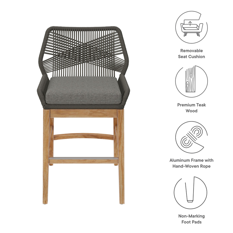 Camden Outdoor Patio Teak and Rope Counter Stool in Gray Graphite