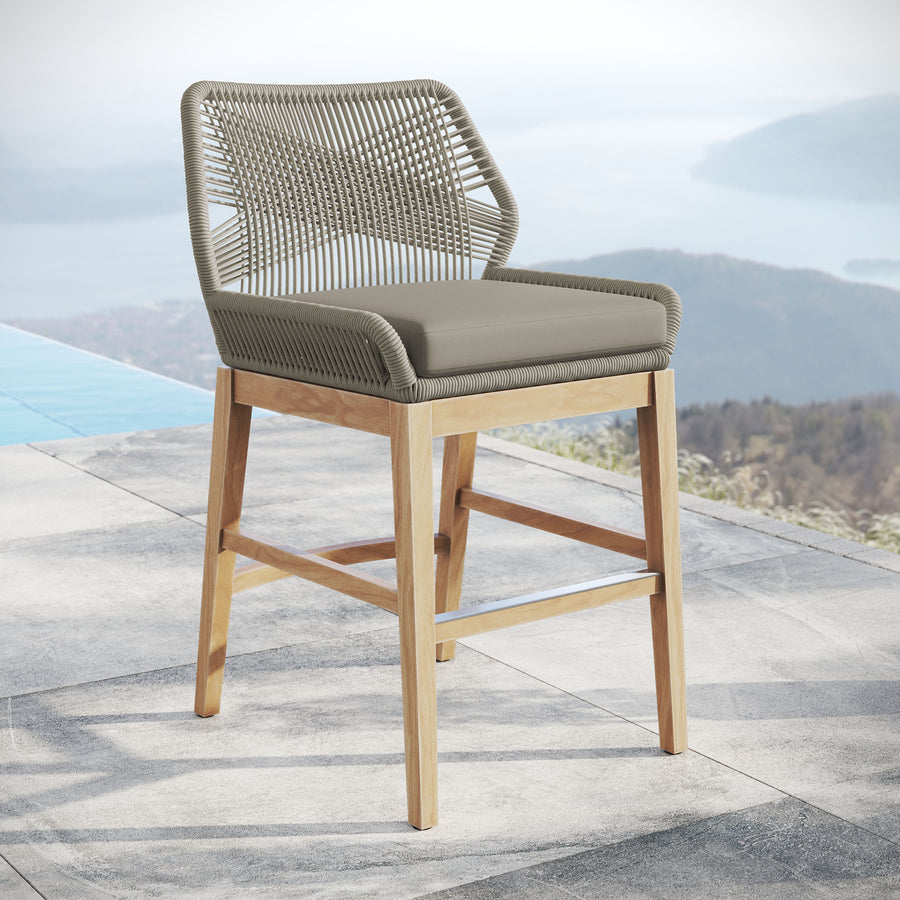 Camden Outdoor Patio Teak and Rope Counter Stool in Light Gray Greige