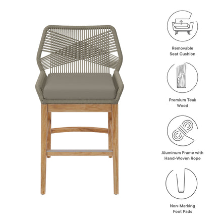 Wellspring Outdoor Patio Teak and Rope Counter Stool in Light Gray Greige
