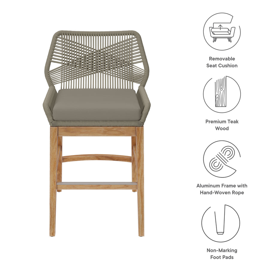 Camden Outdoor Patio Teak and Rope Counter Stool in Light Gray Greige