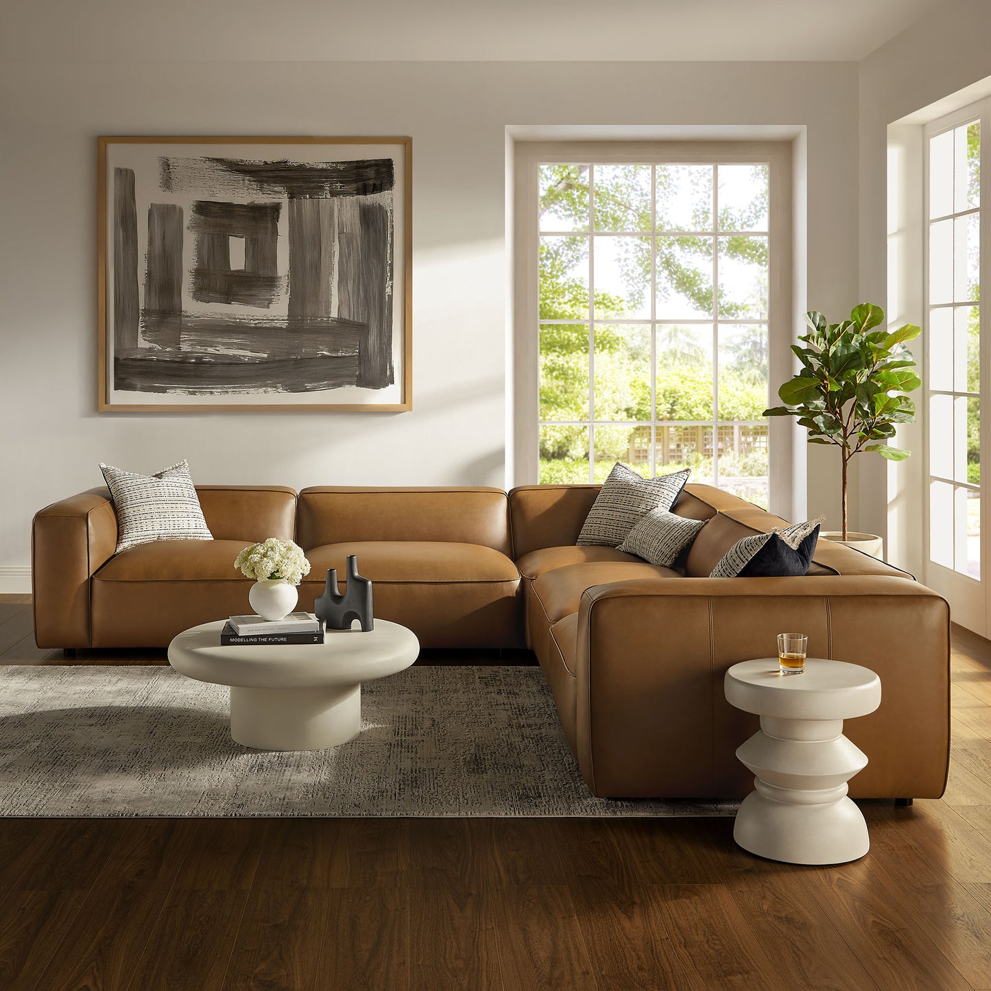 Dune 5-Piece Upholstered Vegan Leather Modular L-Shaped Sofa in Camel