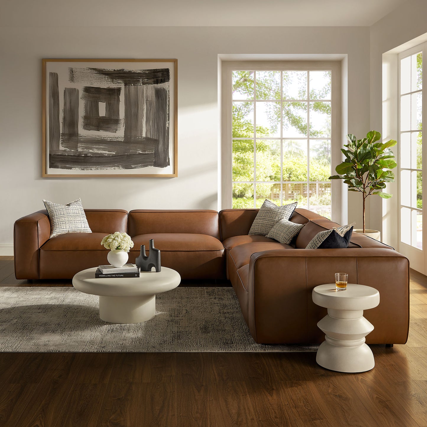 Dune 5-Piece Upholstered Vegan Leather Modular L-Shaped Sofa in Coffee