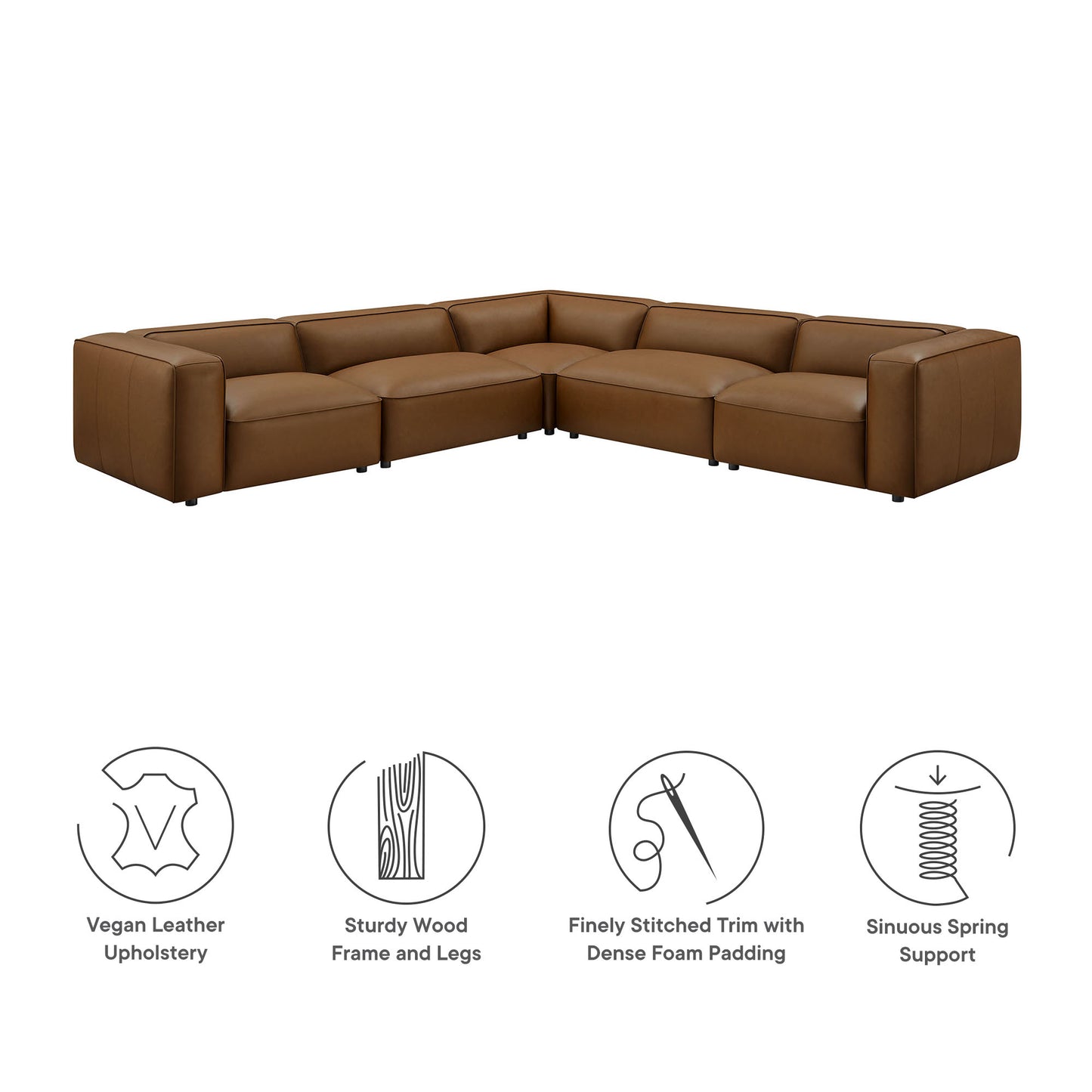 Dune 5-Piece Upholstered Vegan Leather Modular L-Shaped Sofa in Coffee