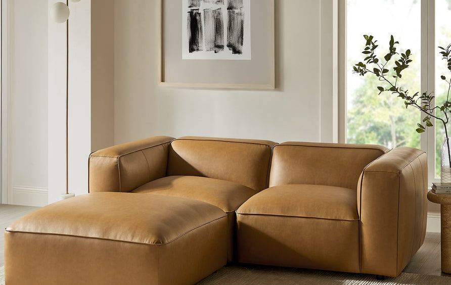 Dune 3-Piece Upholstered Vegan Leather Modular Loveseat with Ottoman in Camel
