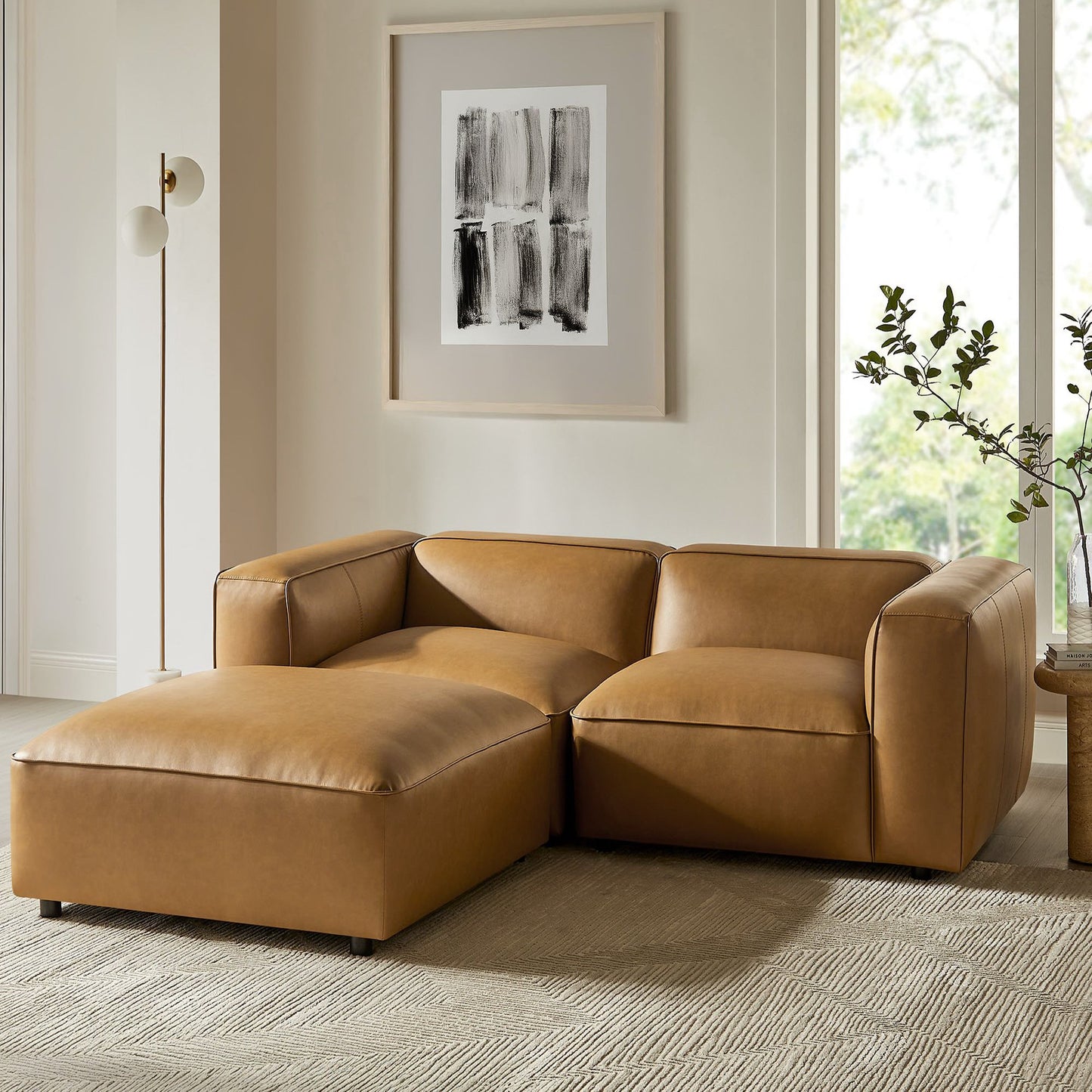 Auren 3-Piece Upholstered Vegan Leather Modular Loveseat with Ottoman by Furniture for America