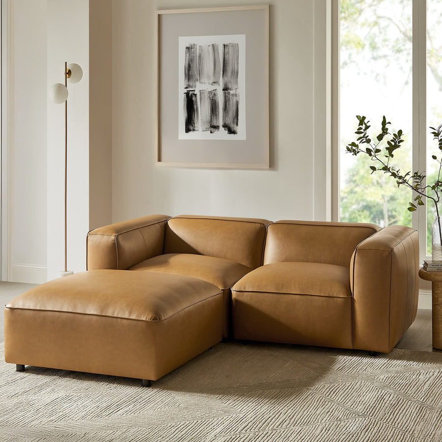 Dune 3-Piece Upholstered Vegan Leather Modular Loveseat with Ottoman in Camel