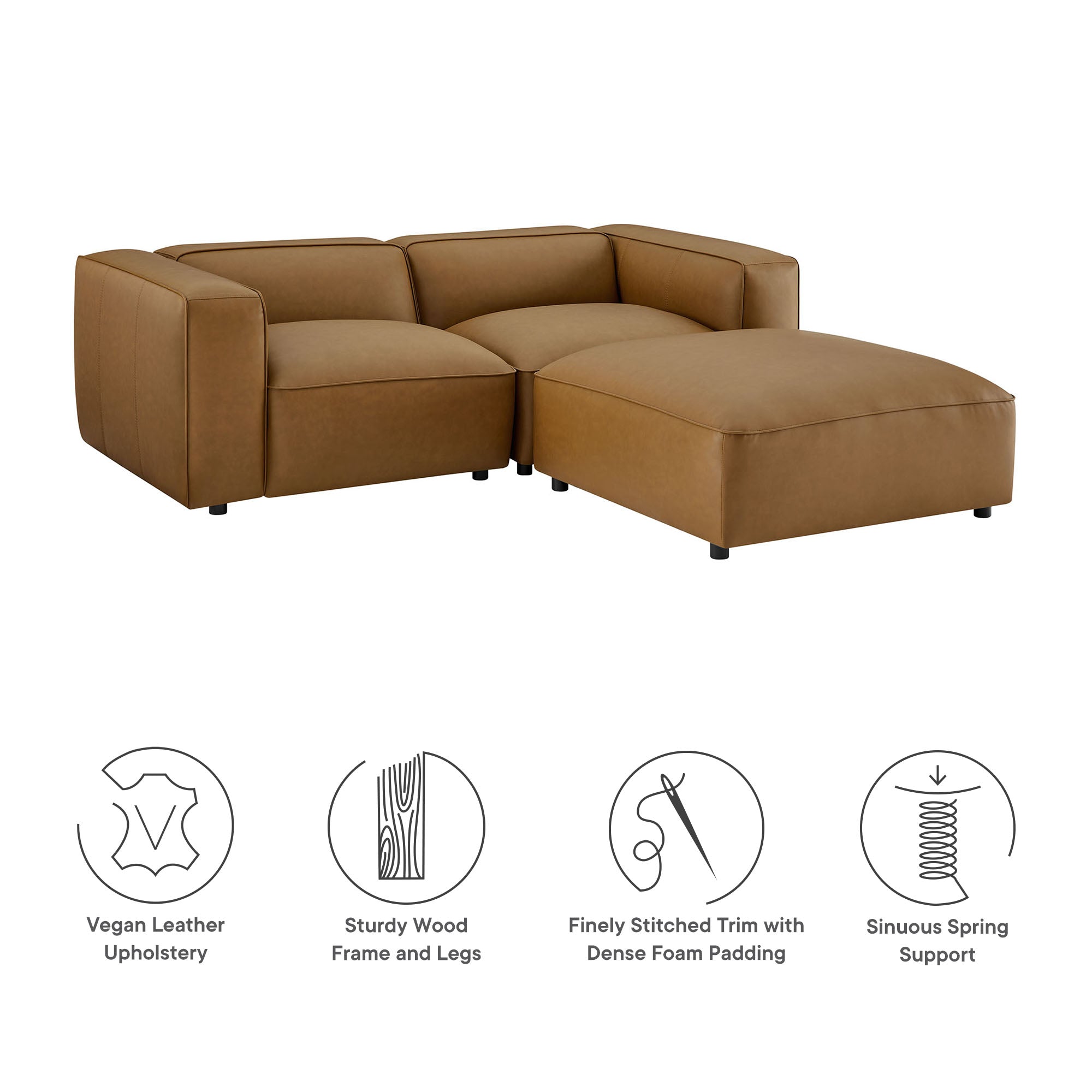 Auren 3-Piece Upholstered Vegan Leather Modular Loveseat with Ottoman by Furniture for America