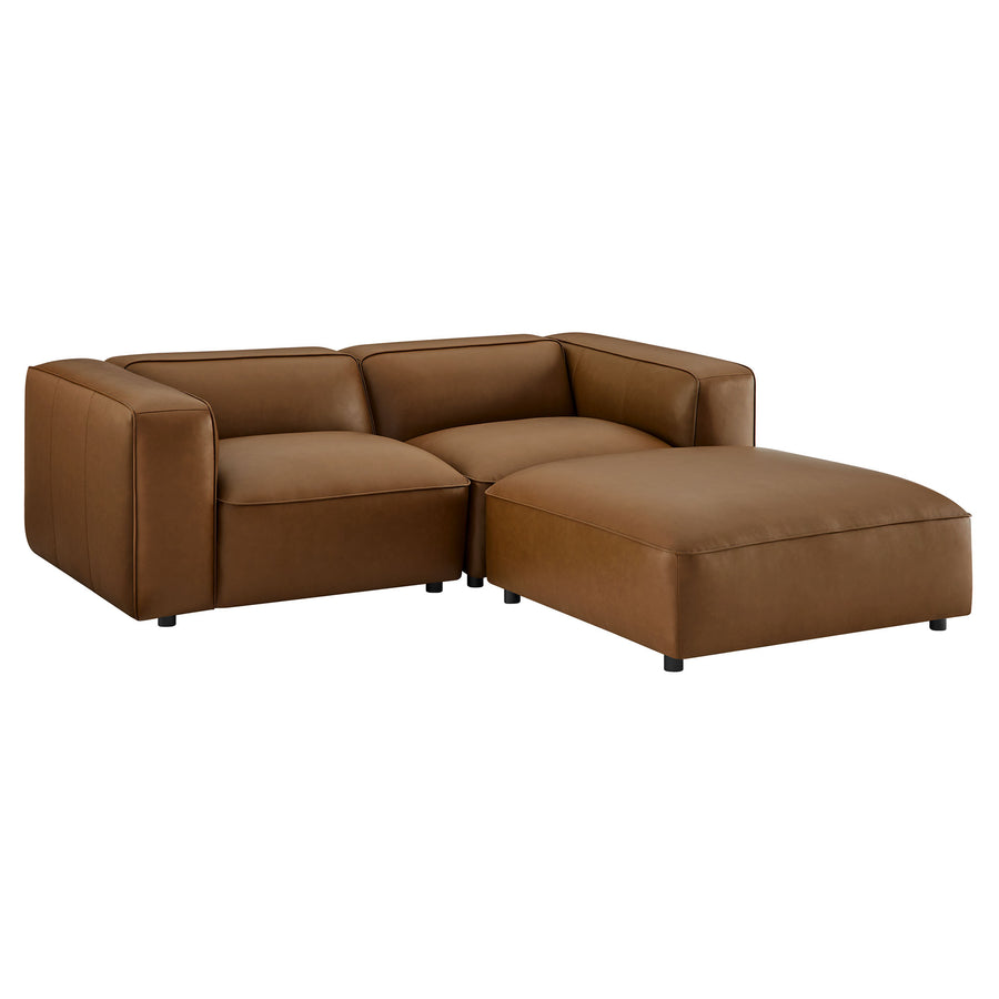 Dune 3-Piece Upholstered Vegan Leather Modular Loveseat with Ottoman in Coffee