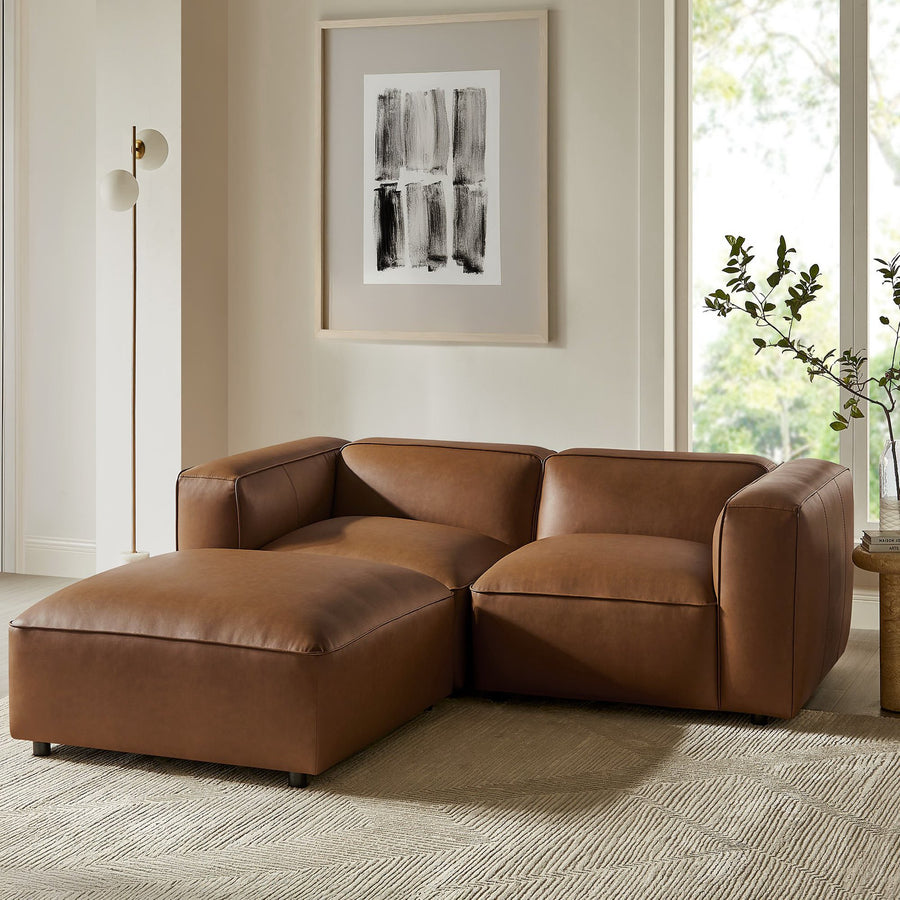Dune 3-Piece Upholstered Vegan Leather Modular Loveseat with Ottoman in Coffee