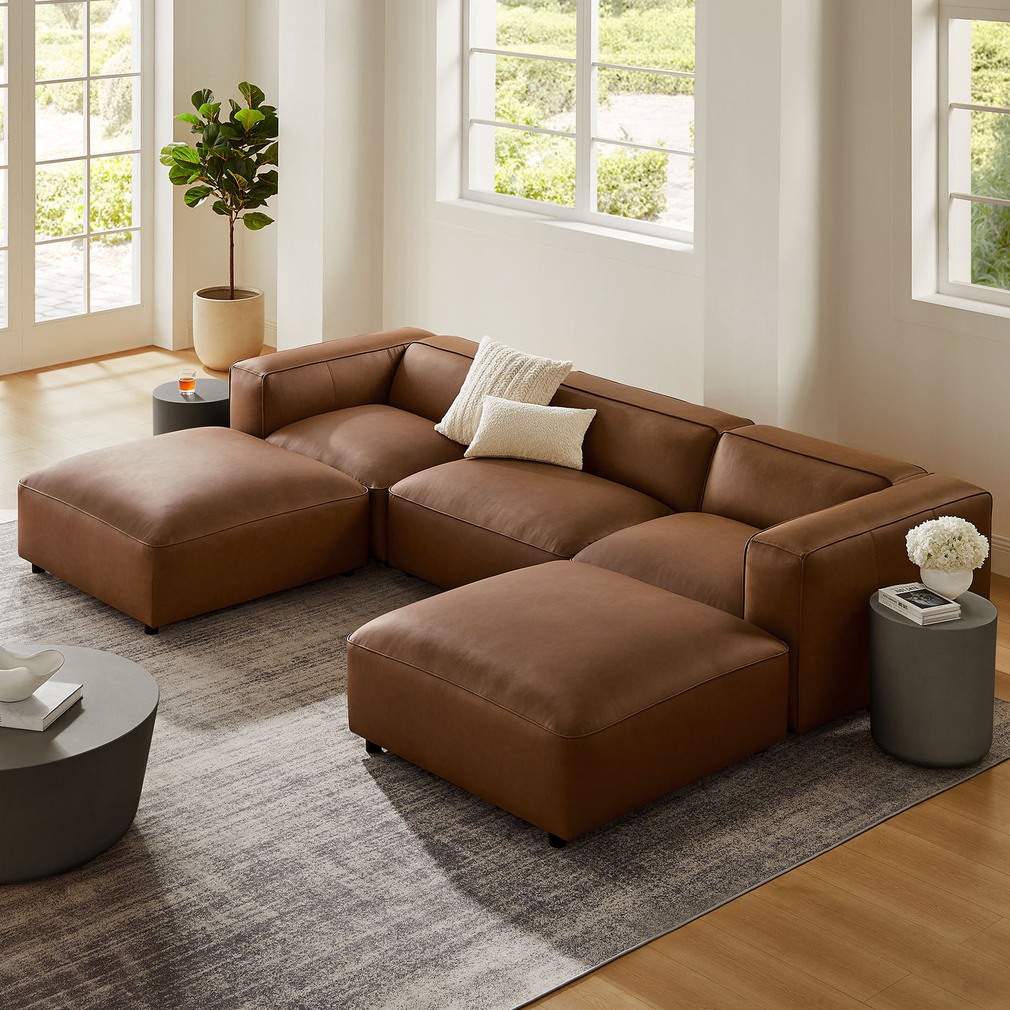 Dune 5-Piece Upholstered Vegan Leather Modular U-Shaped Sofa in Coffee