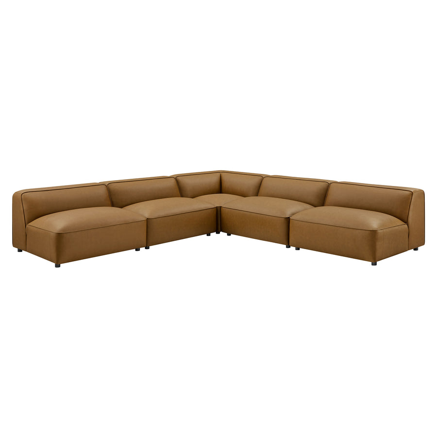 Dune 5-Piece Upholstered Armless L-Shaped Vegan Leather Modular Sofa in Camel