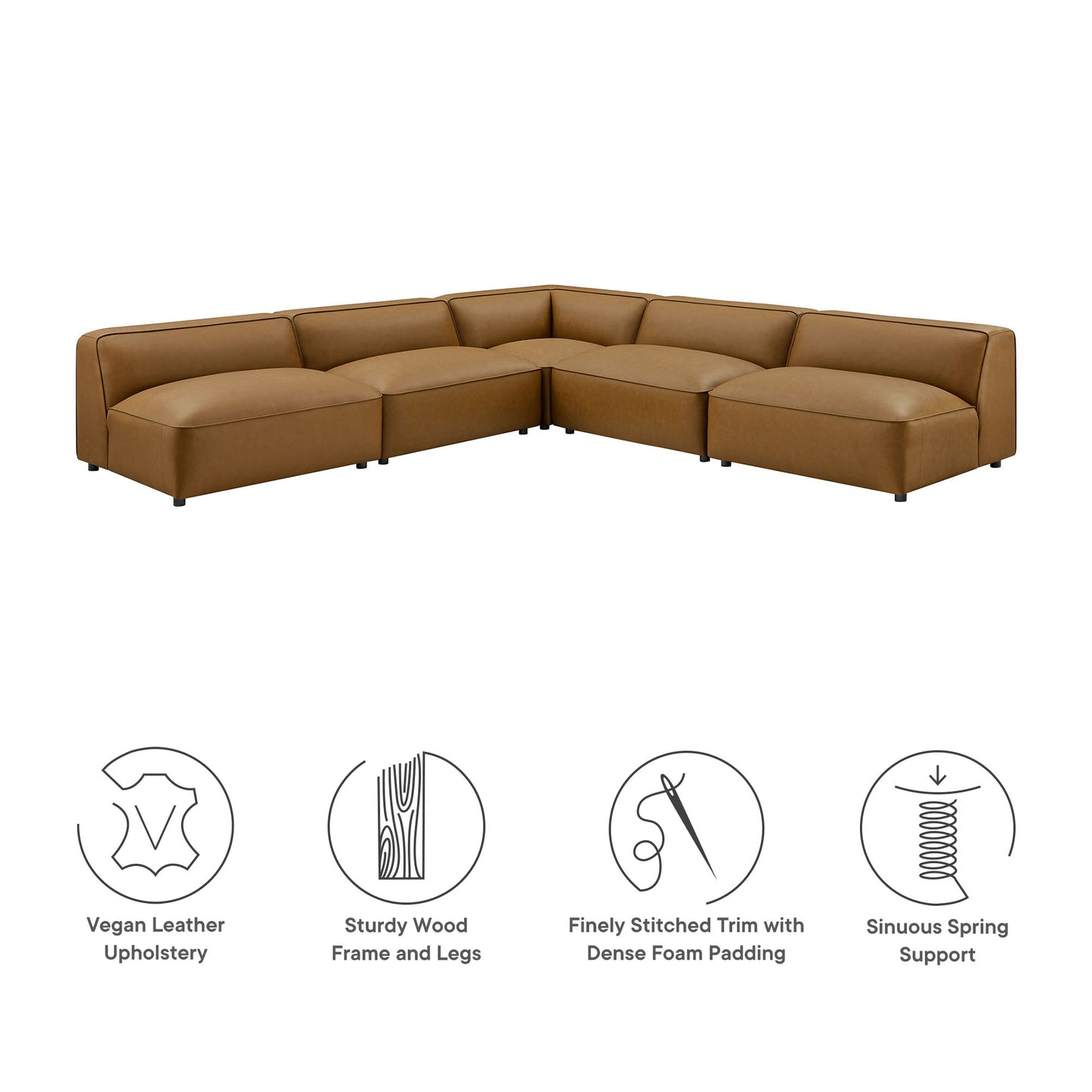 Dune 5-Piece Upholstered Armless L-Shaped Vegan Leather Modular Sofa in Camel