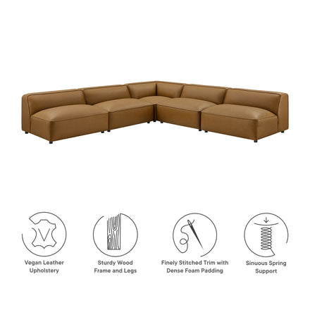 Auren 5-Piece Upholstered Armless L-Shaped Vegan Leather Modular Sofa in Camel