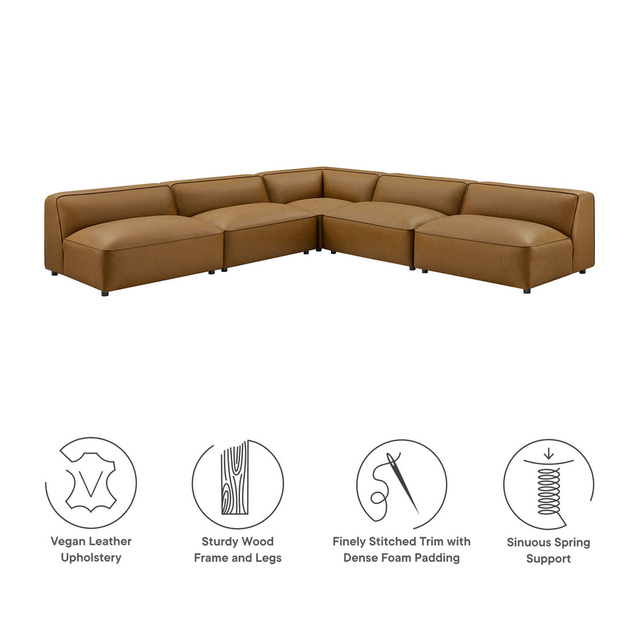 Dune 5-Piece Upholstered Armless L-Shaped Vegan Leather Modular Sofa in Camel