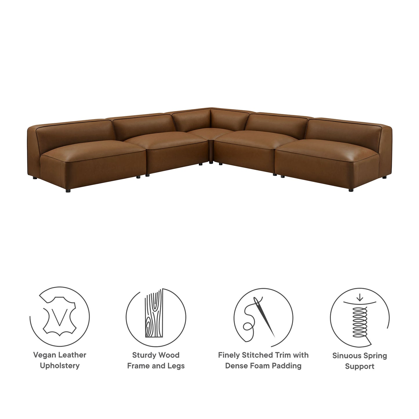 Dune 5-Piece Upholstered Armless L-Shaped Vegan Leather Modular Sofa in Coffee