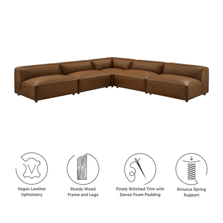 Auren 5-Piece Upholstered Armless L-Shaped Vegan Leather Modular Sofa in Coffee