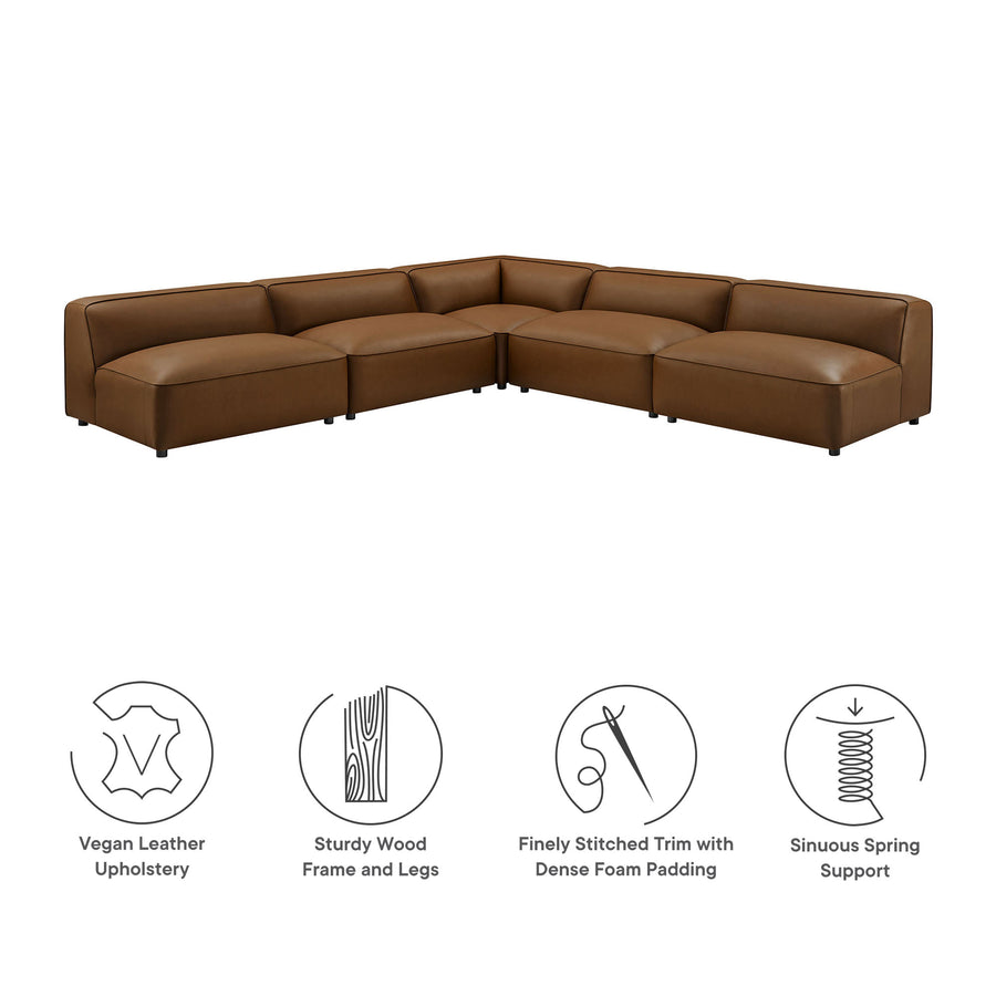 Dune 5-Piece Upholstered Armless L-Shaped Vegan Leather Modular Sofa in Coffee