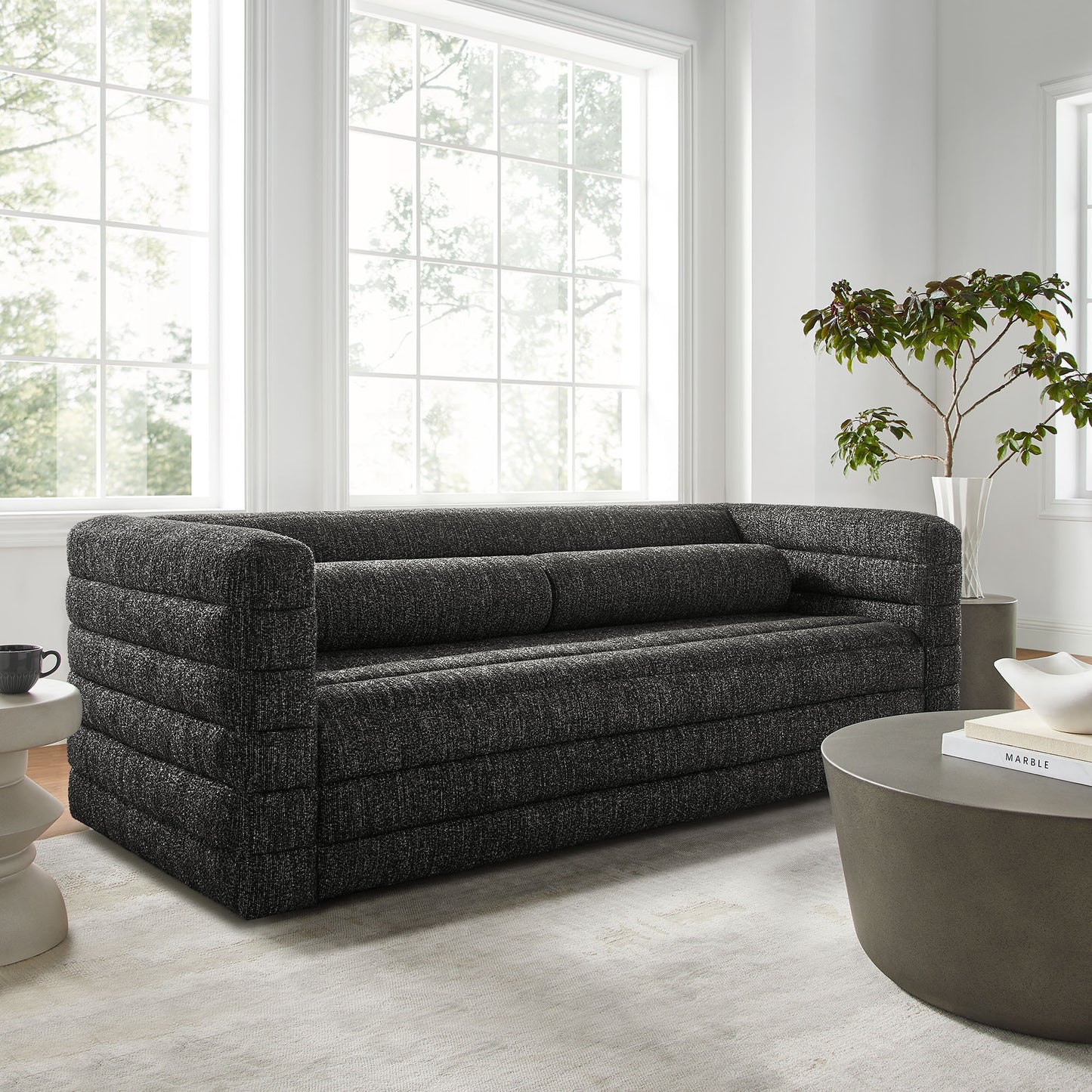 Juna Channel Tufted Boucle Upholstered Sofa in Charcoal