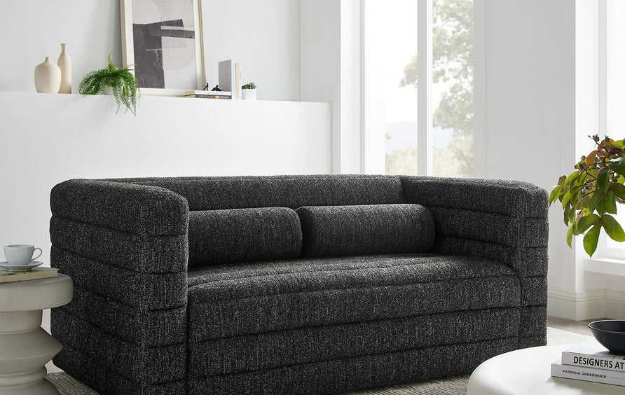Juna Channel Tufted Boucle Upholstered Loveseat in Charcoal