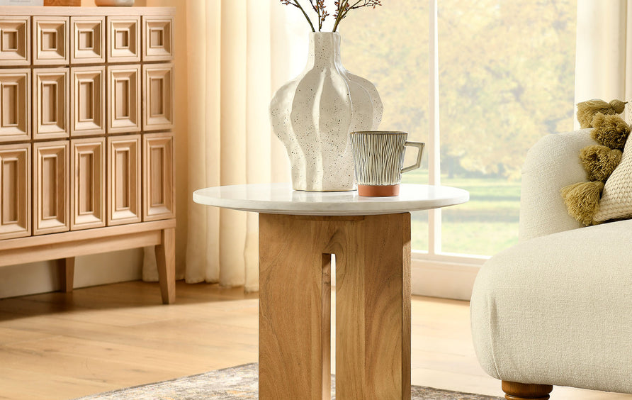 Silkeborg Acacia Wood and Marble Side Table in Natural