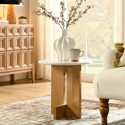 Tarin Acacia Wood and Marble Side Table by Furniture For America