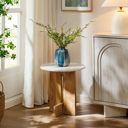 Tarin Acacia Wood and Marble Side Table by Furniture For America