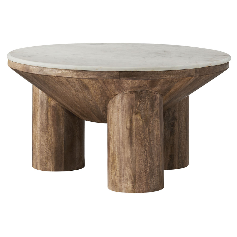 Thora 33" Round Wood Coffee Table With Marble Top in Walnut